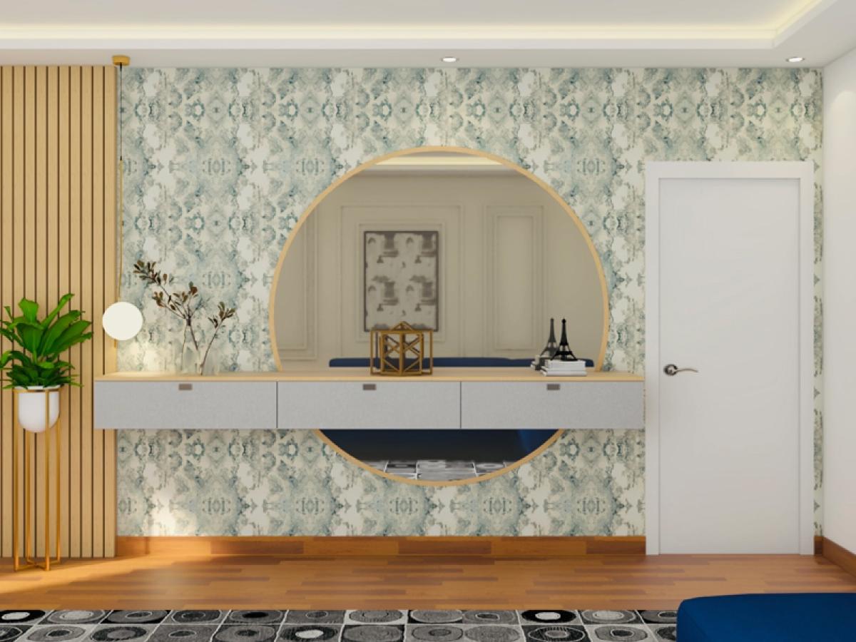 Modern Foyer Design With A Green Wallpaper