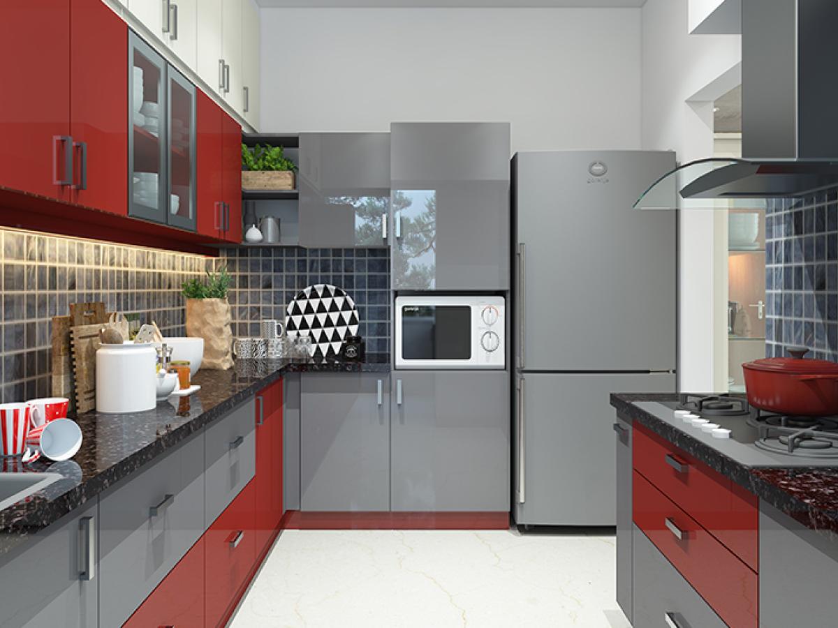 Red Velvet L Shaped Modular Kitchen