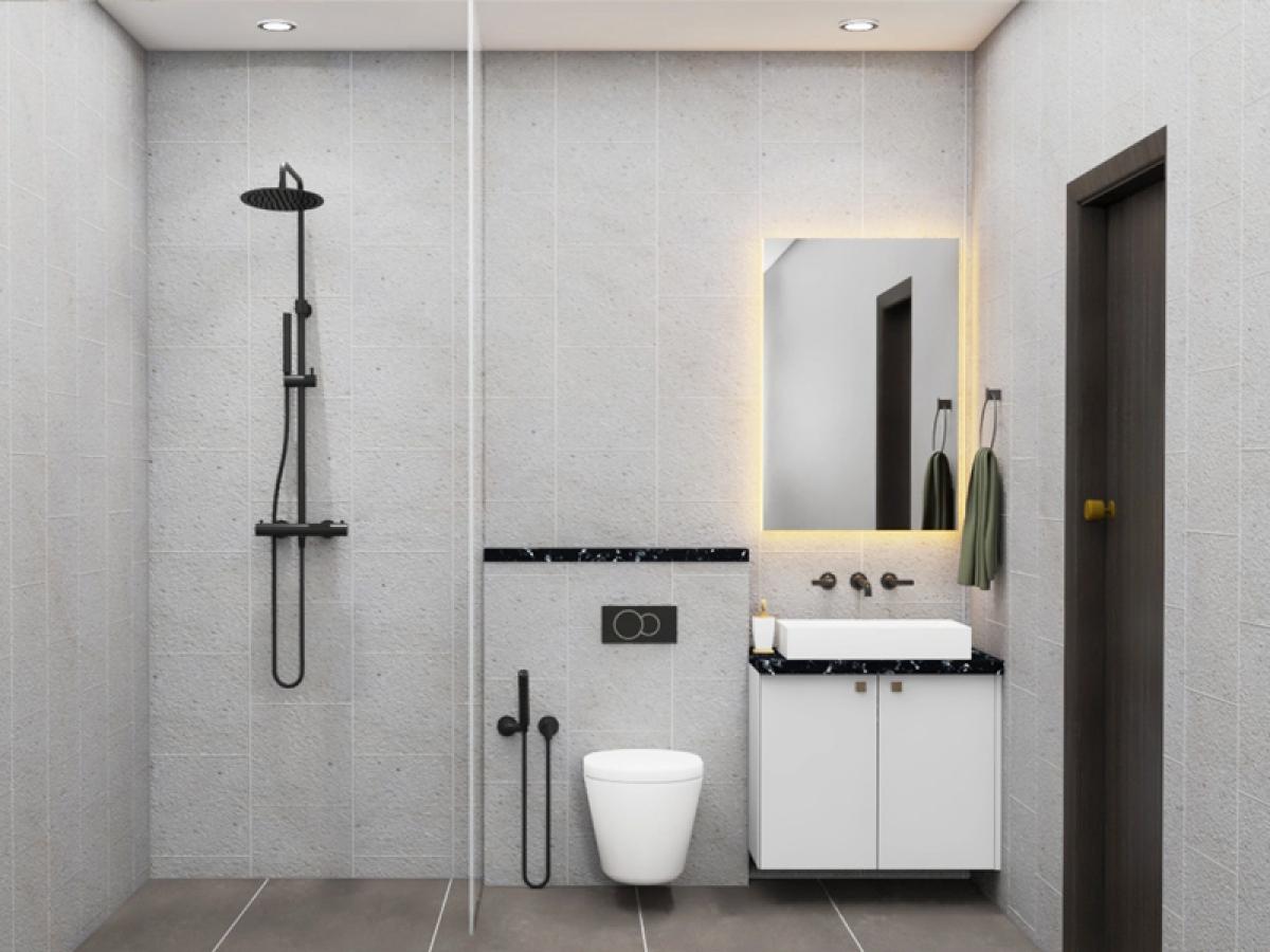 Modern Bathroom Design With Light Grey Tiles And Rectangular Mirror